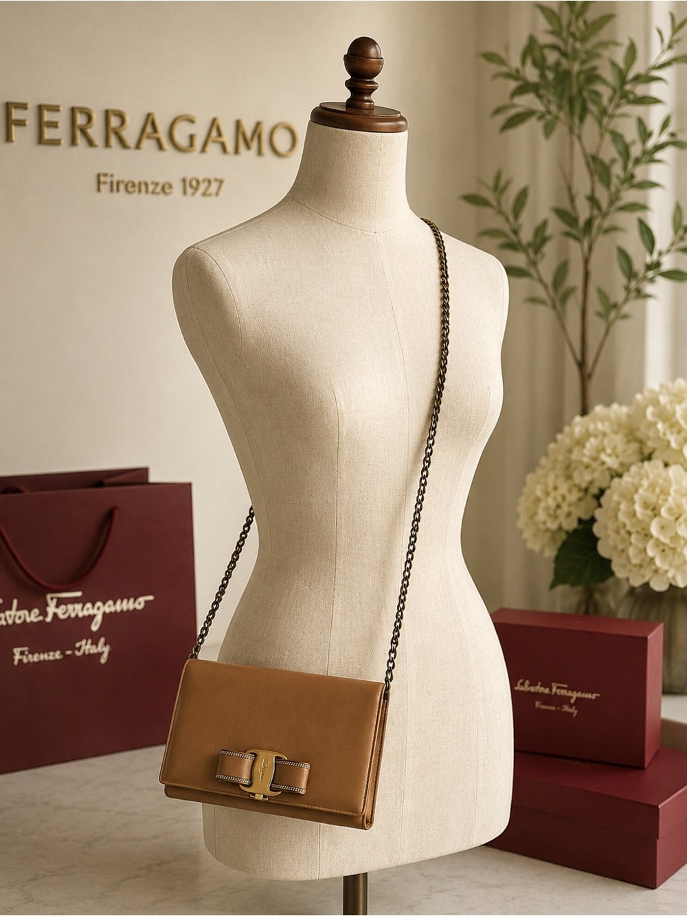 Authentic Salvatore Ferragamo Bow Wallet on Chain Cognac Brown Leather WOC